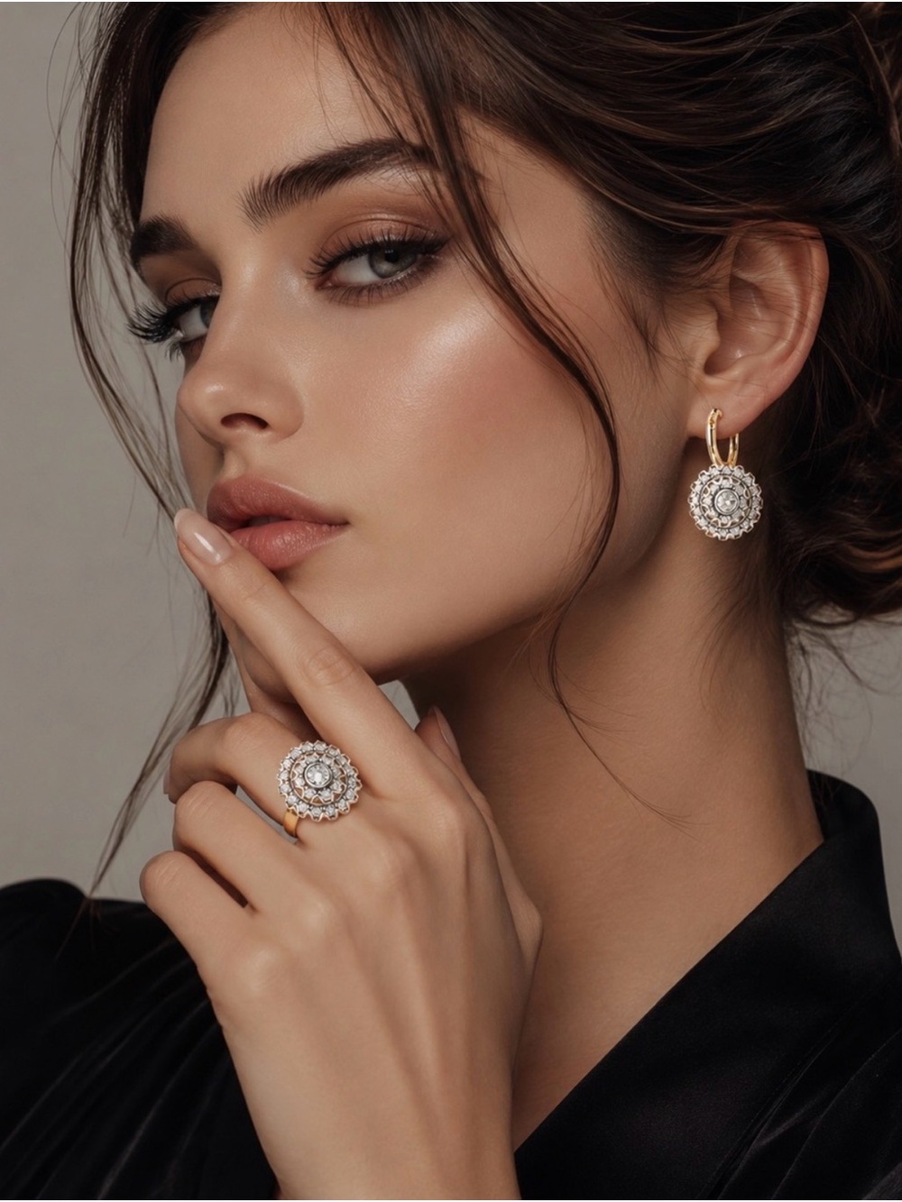 Gold and Silver Floral Halo Drop Earrings and Ring Set